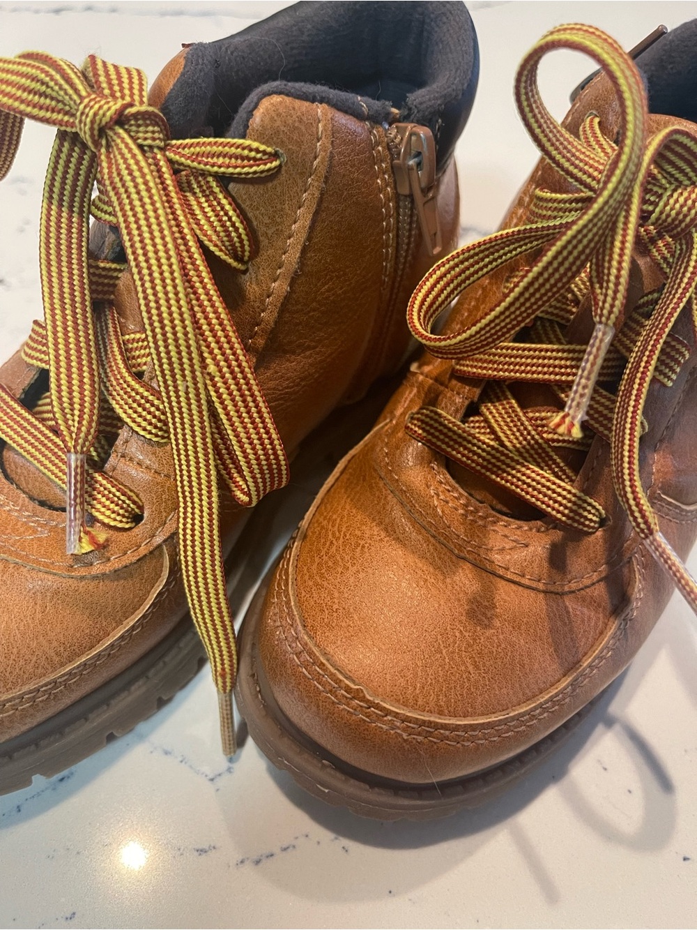 Carter's Tan Brown Leather Lace-Up Kids Boots with Yellow-Striped Laces